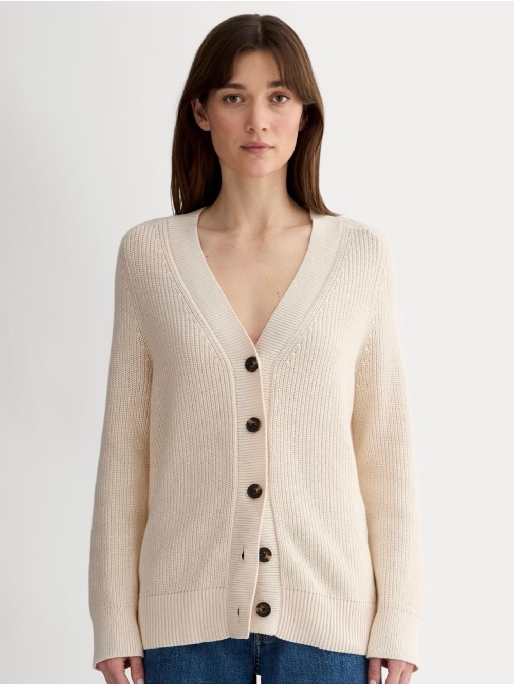 Everlane Cream Organic Cotton V-Neck Button Cardigan